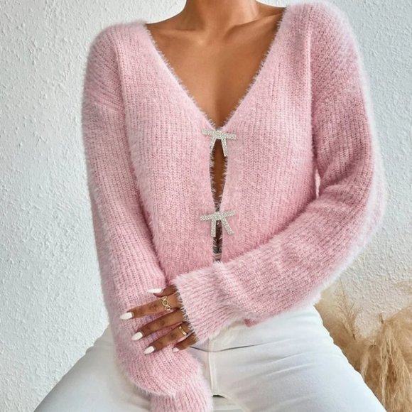 Contemporary soft fuzzy button down knit sweater Cardigan pink - Picture 4 of 6